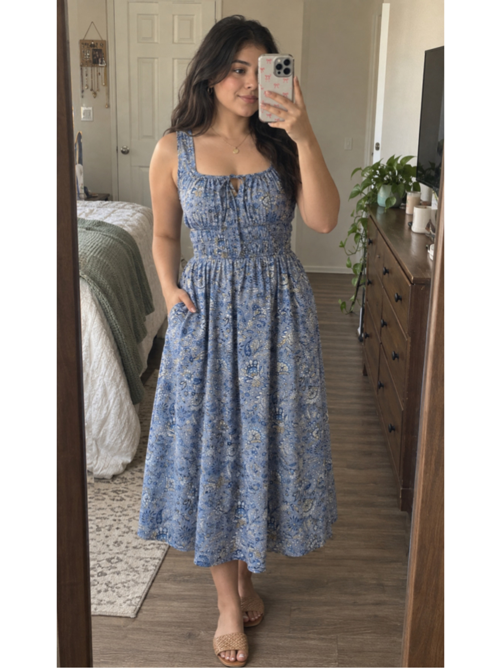 Women's Universal Thread Floral Print Dress Blue White One Size
